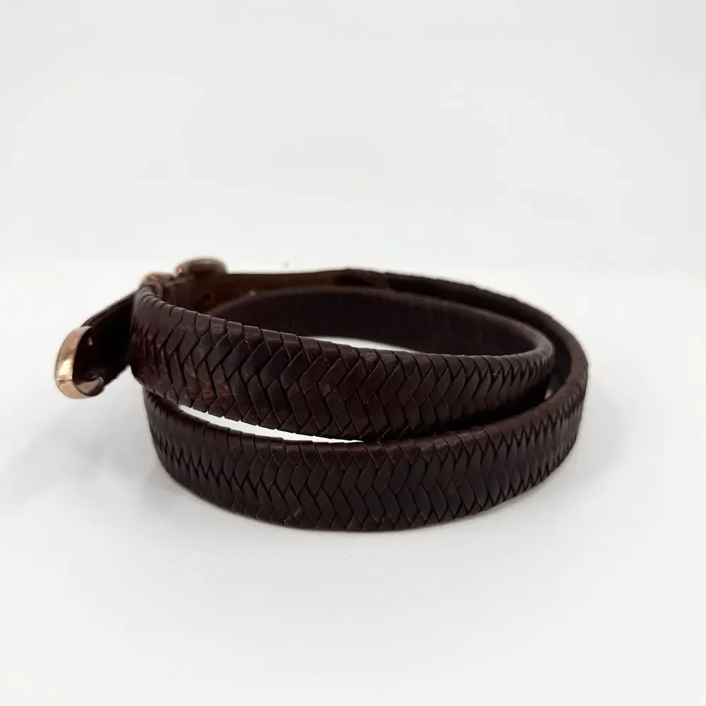 Vintage 90s Brown Genuine Leather Western Woven Silver Tip Belt